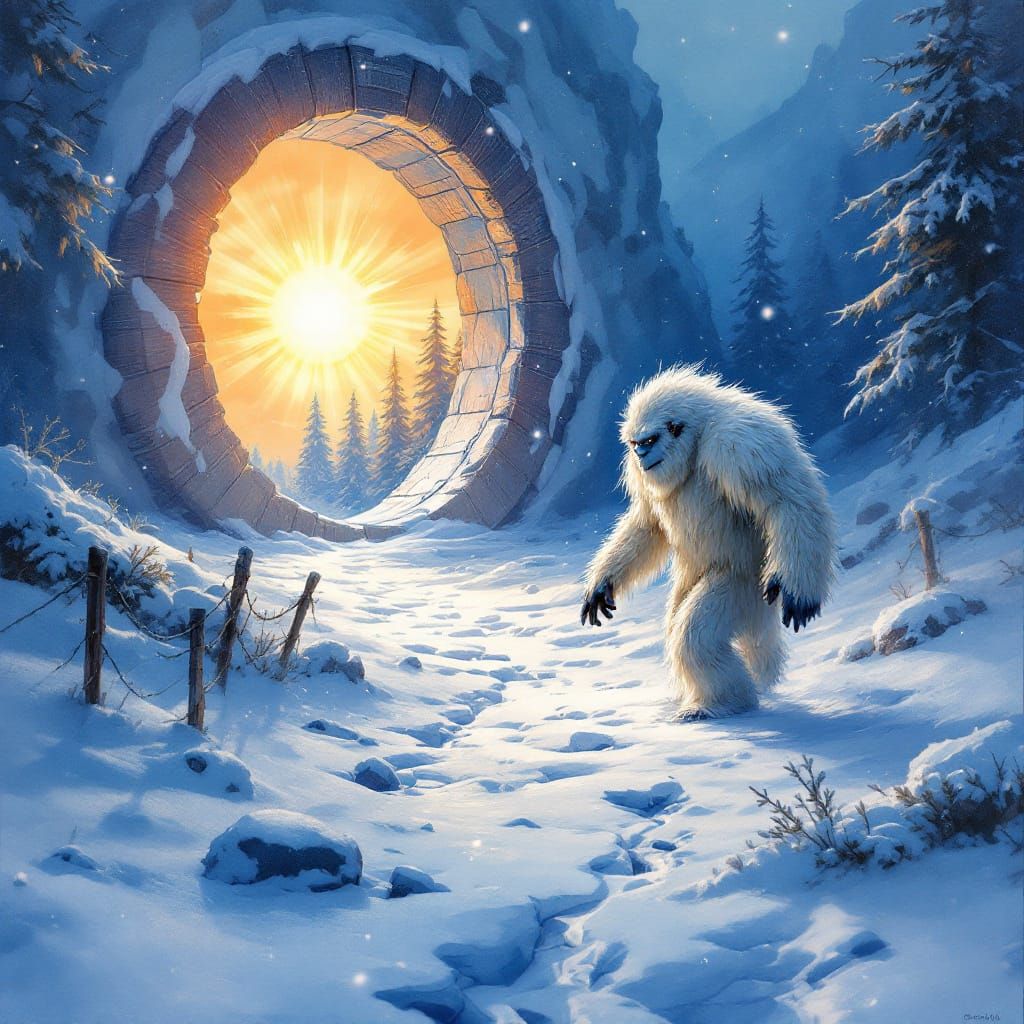 Yeti Enters Sunny Portal Amidst Blizzard in Gouache Style