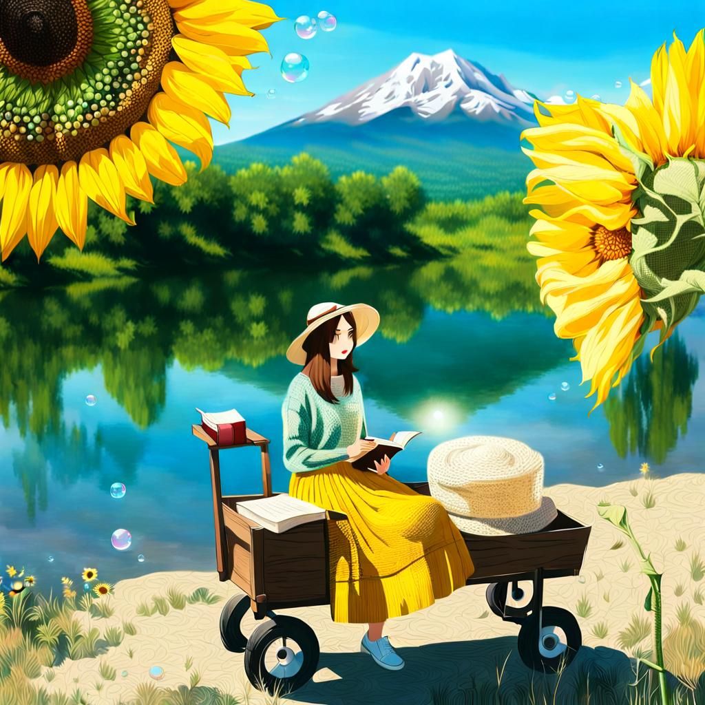 Girl with Cart Near River in Summer