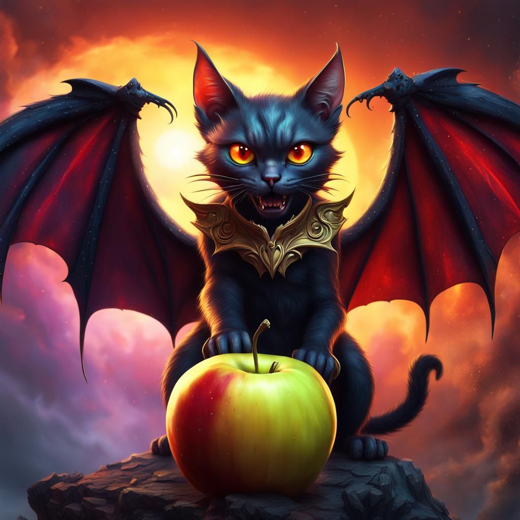 Demon Cat Ascending with Golden Apple