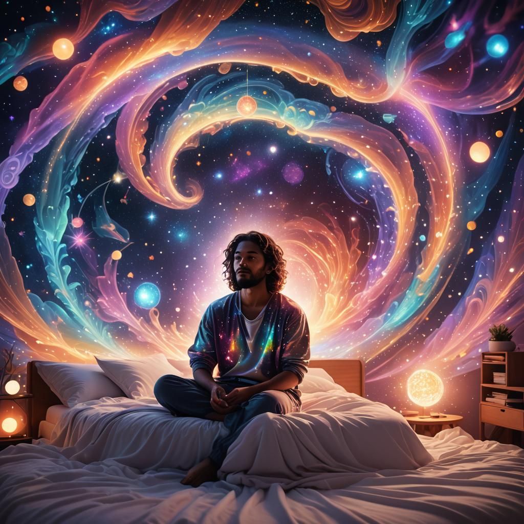 Cosmic Astral Projection in Dimly Lit Bedroom