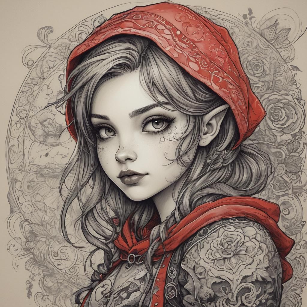 Aetherpunk Little Red Riding Hood Zentangle Drawing