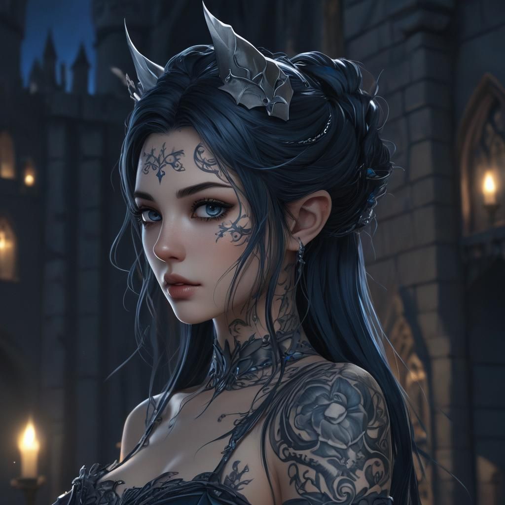 Anime Tiefling Maiden in Gothic Castle