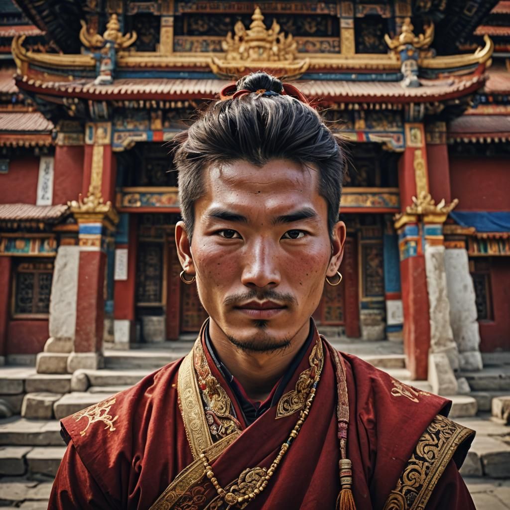 Tibetan Man Portrait in Traditional Dress