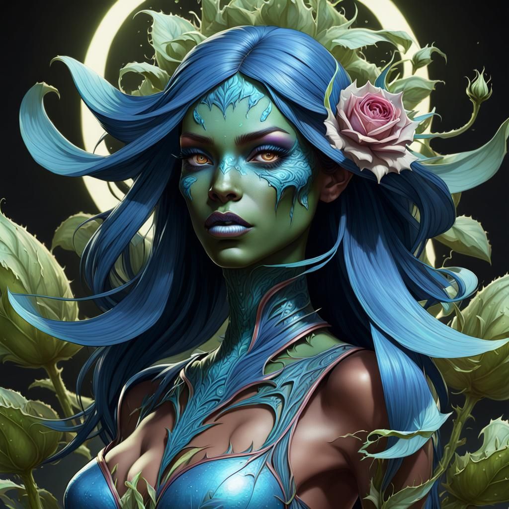 Demonic Girl with Blue Rose and Venus Flytrap