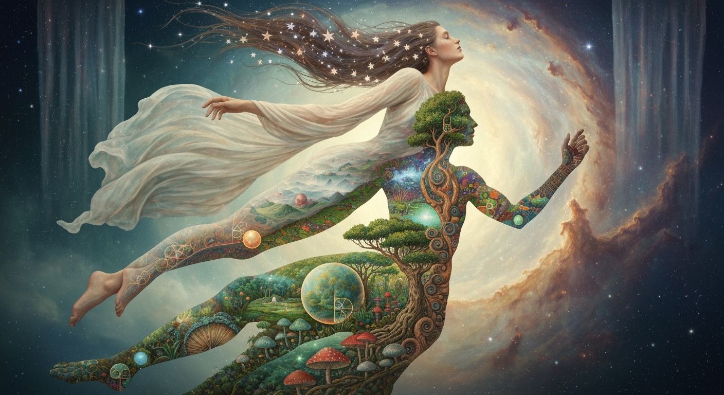 Cosmic Surrealist Painting of Glowing Woman in Nebula