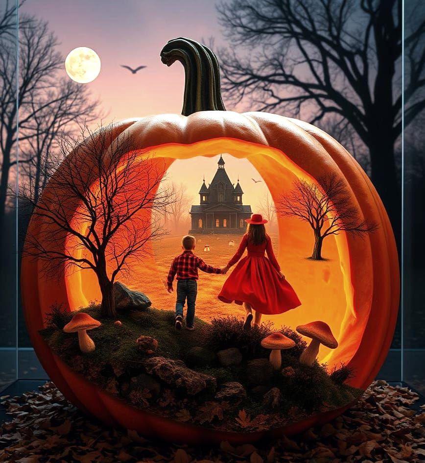 Surreal Double Exposure Pumpkin Scene in Oil on Canvas