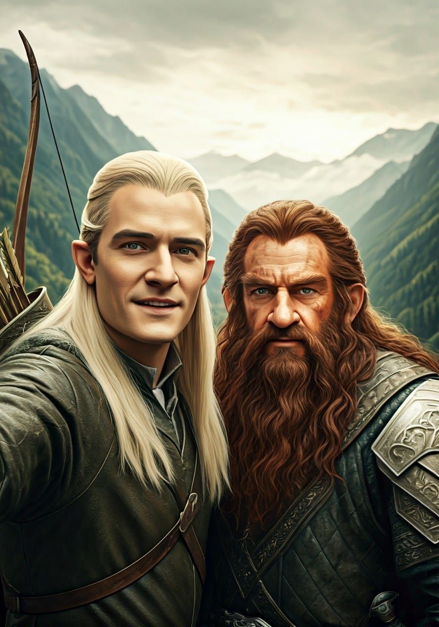 Elven Warrior and Dwarf Friend Share a Joyful Selfie in Midd...