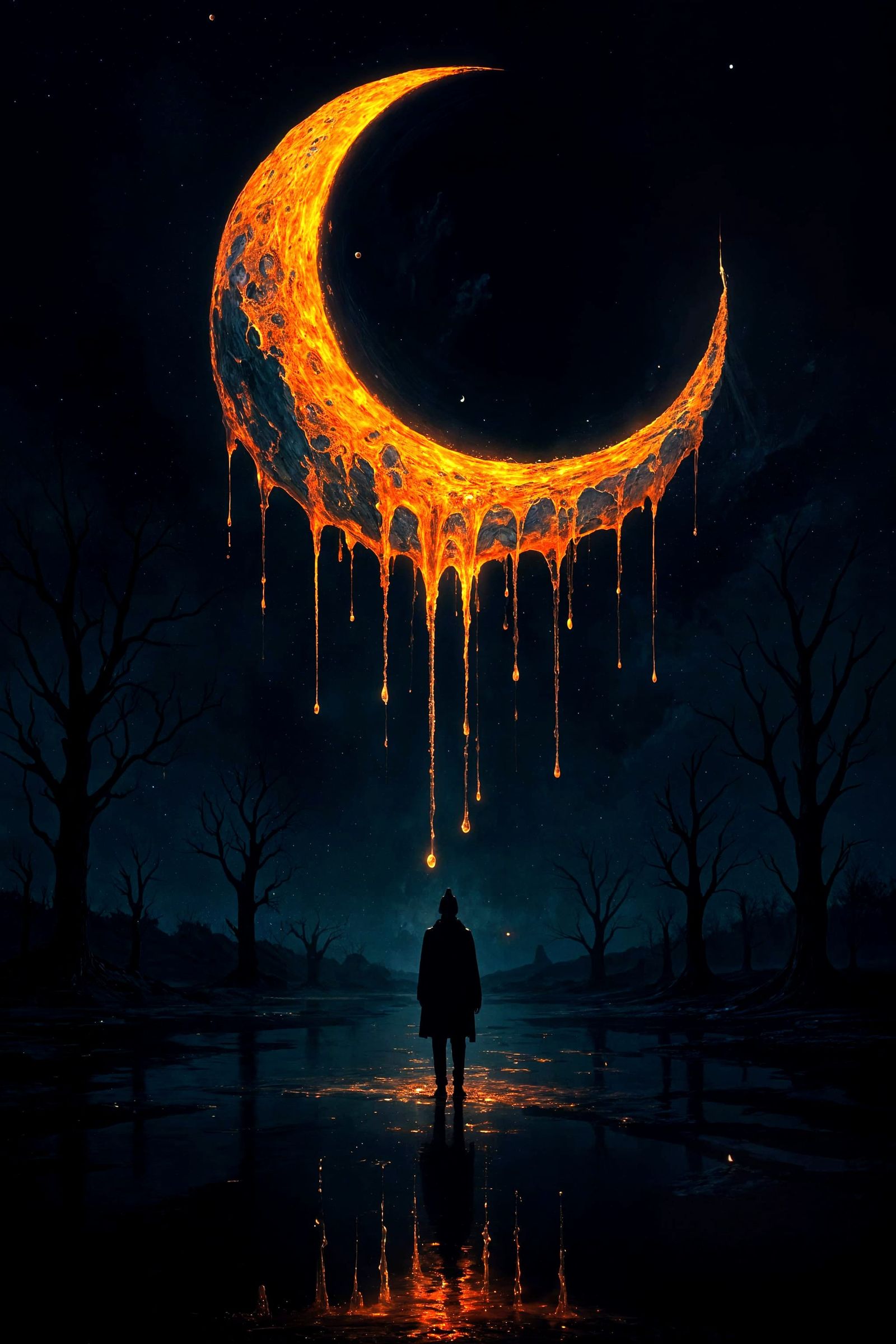 Melting Moon with Lonely Figure in Digital Painting