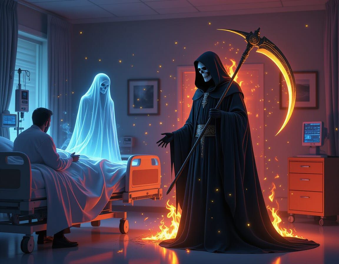 Grim Reaper in Hospital Room, Photorealistic Digital Art