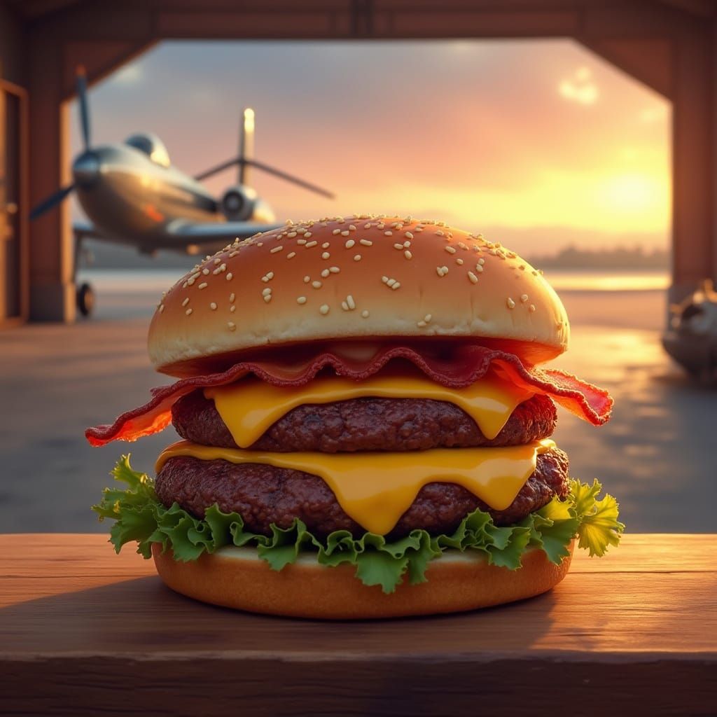 Futuristic Burger in Sunset Hangar Scene
