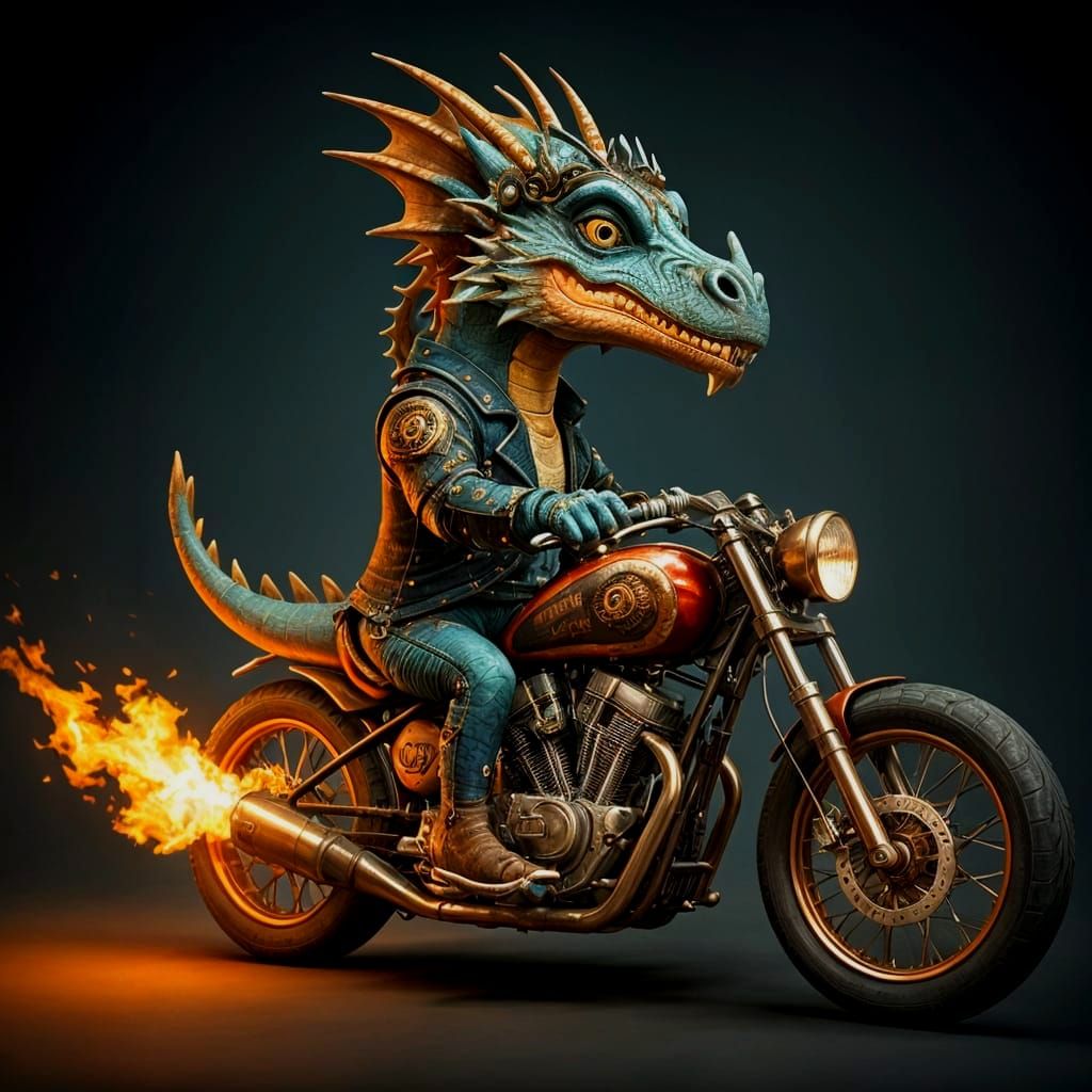 Dragon Rides Steampunk Motorcycle in Whimsical Style