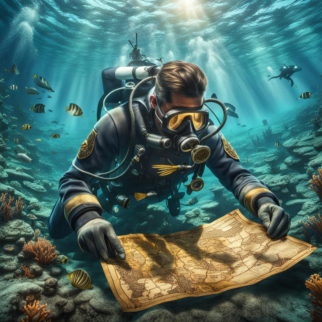 Diver Retrieves Sunken Treasure Map in HDR