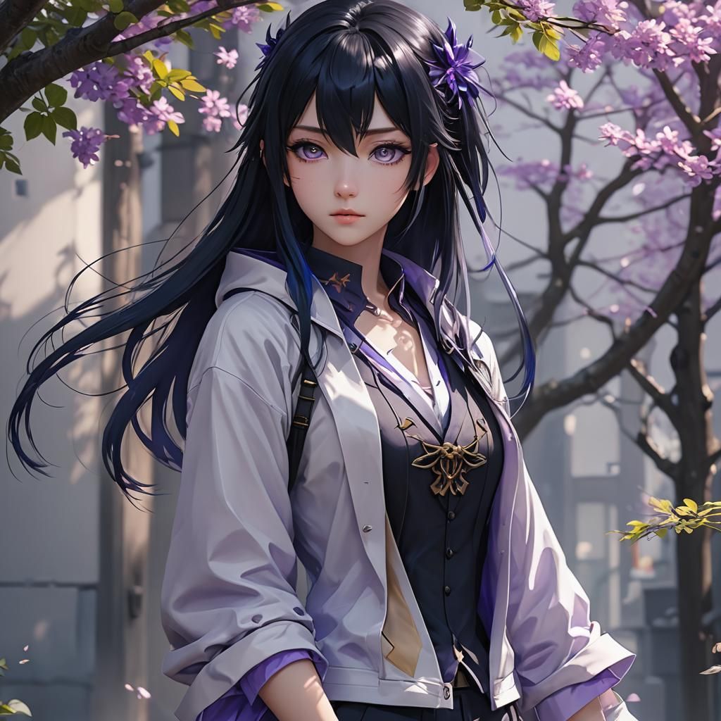 Anime Girl with Black and Blue Hair in Cel-Shaded Style