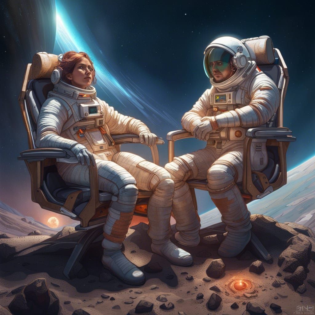 Astronauts Relaxing on Asteroid in Space, Digital Art