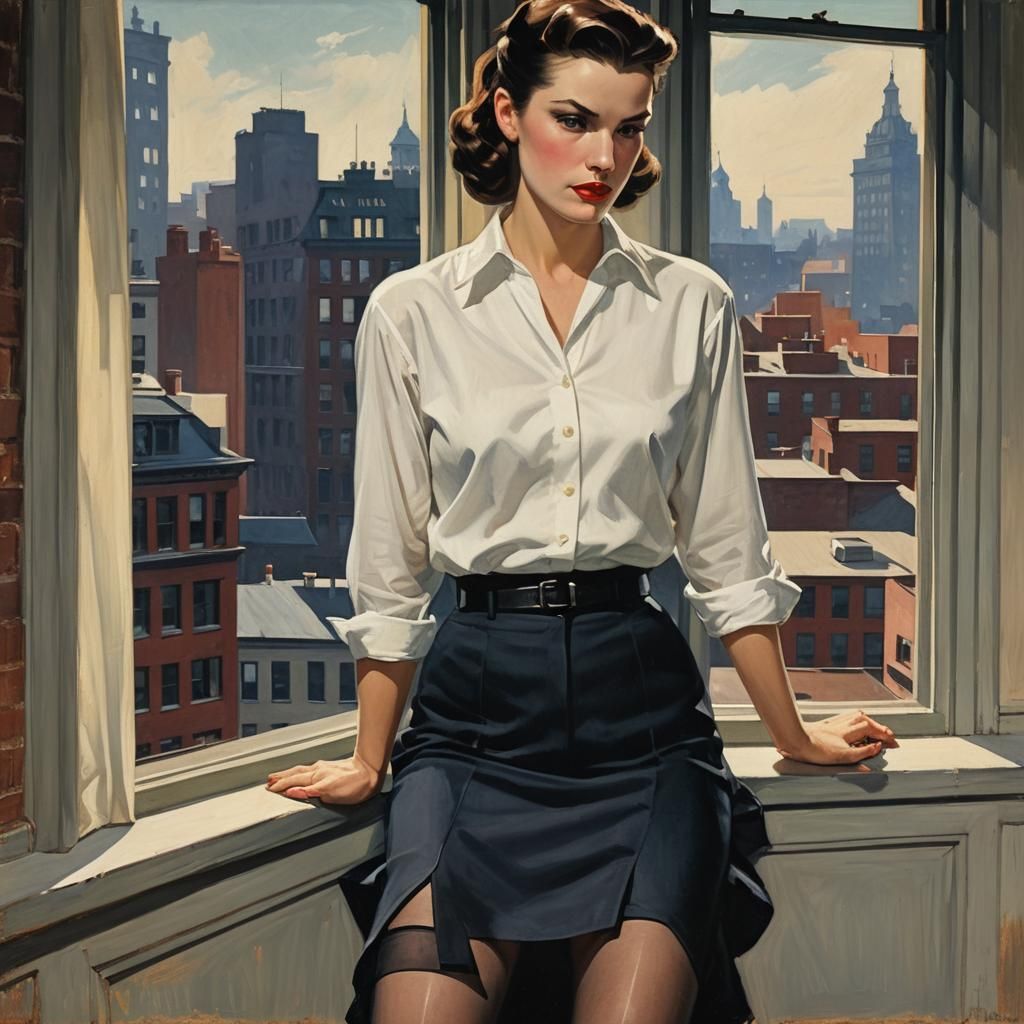 1950s Femme Fatale in Attic Window, Hopper Style