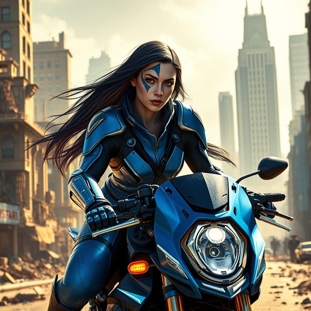 Cyberpunk Warrioress in Futuristic Armor Rides High-Tech Mot...