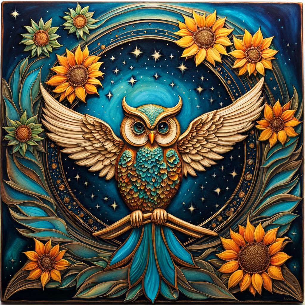 Winged Angel Serenades Sunflower in Art Deco Tile Art
