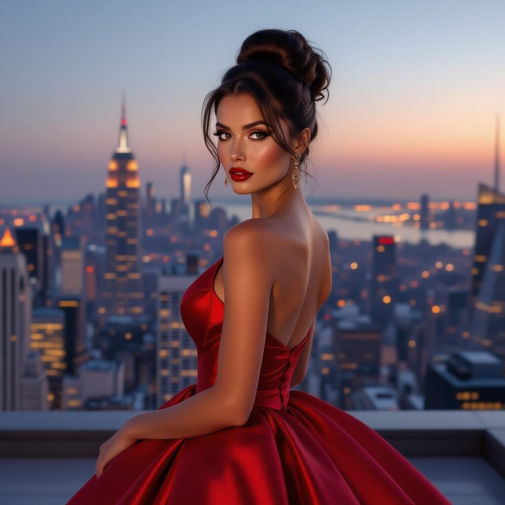 Glamorous Model in Red Gown on Rooftop at Dusk