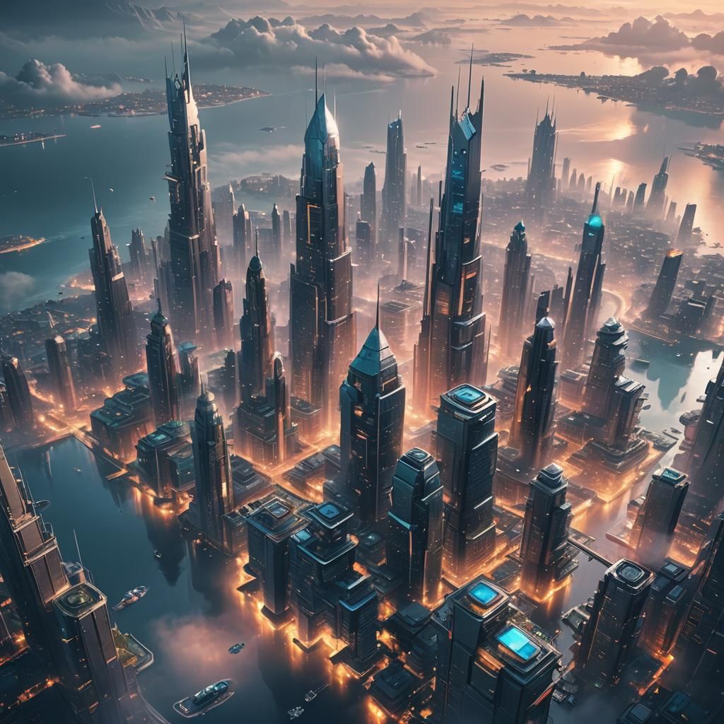 Futuristic Floating City Above Misty Ocean