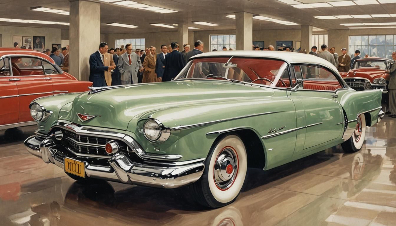 1950's long concept car with tail fins, color illustration, ...