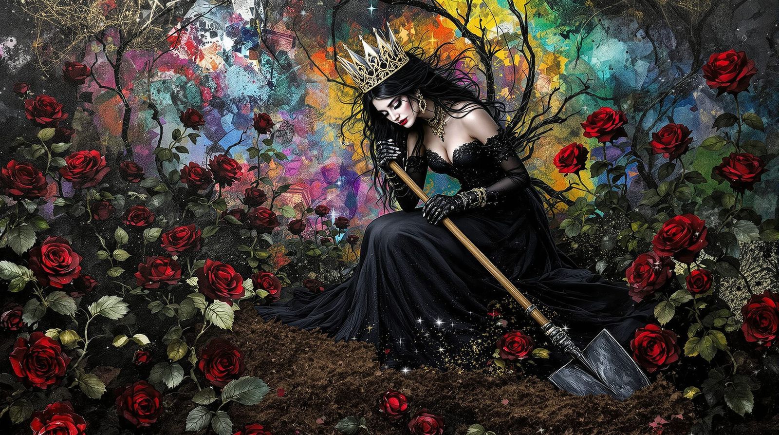 Gothic Queen Digs Black Roses in Luminous Garden