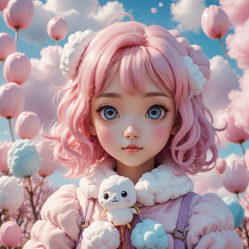 Marshmallow Anime Character in Dreamy Pastel Landscape