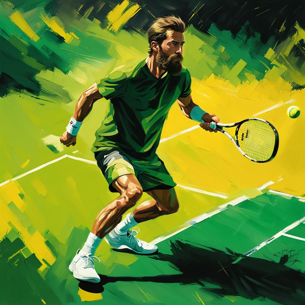 Tennis Player on Court in Oil Paint Style
