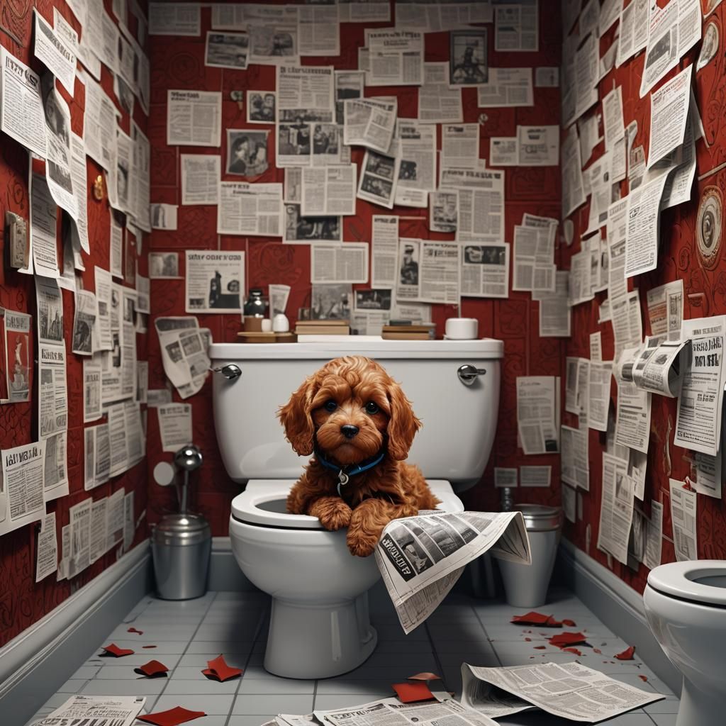 Red Cavapoo Reading Newspaper: Digital Art