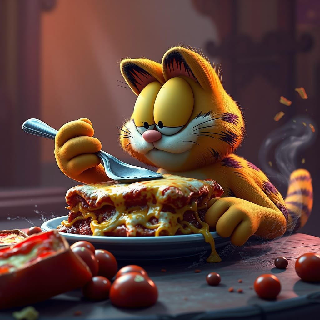 Garfield eating lasagna