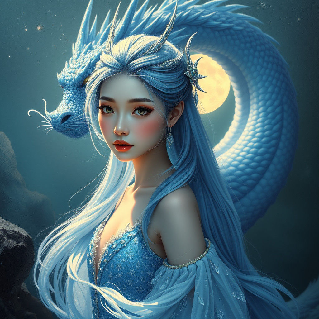 Anime Beauty with Dragon in Hyperrealistic Oil Painting