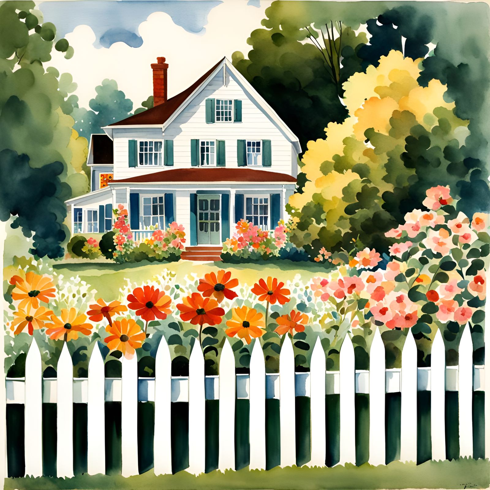 Vintage Watercolor Garden with White Fence
