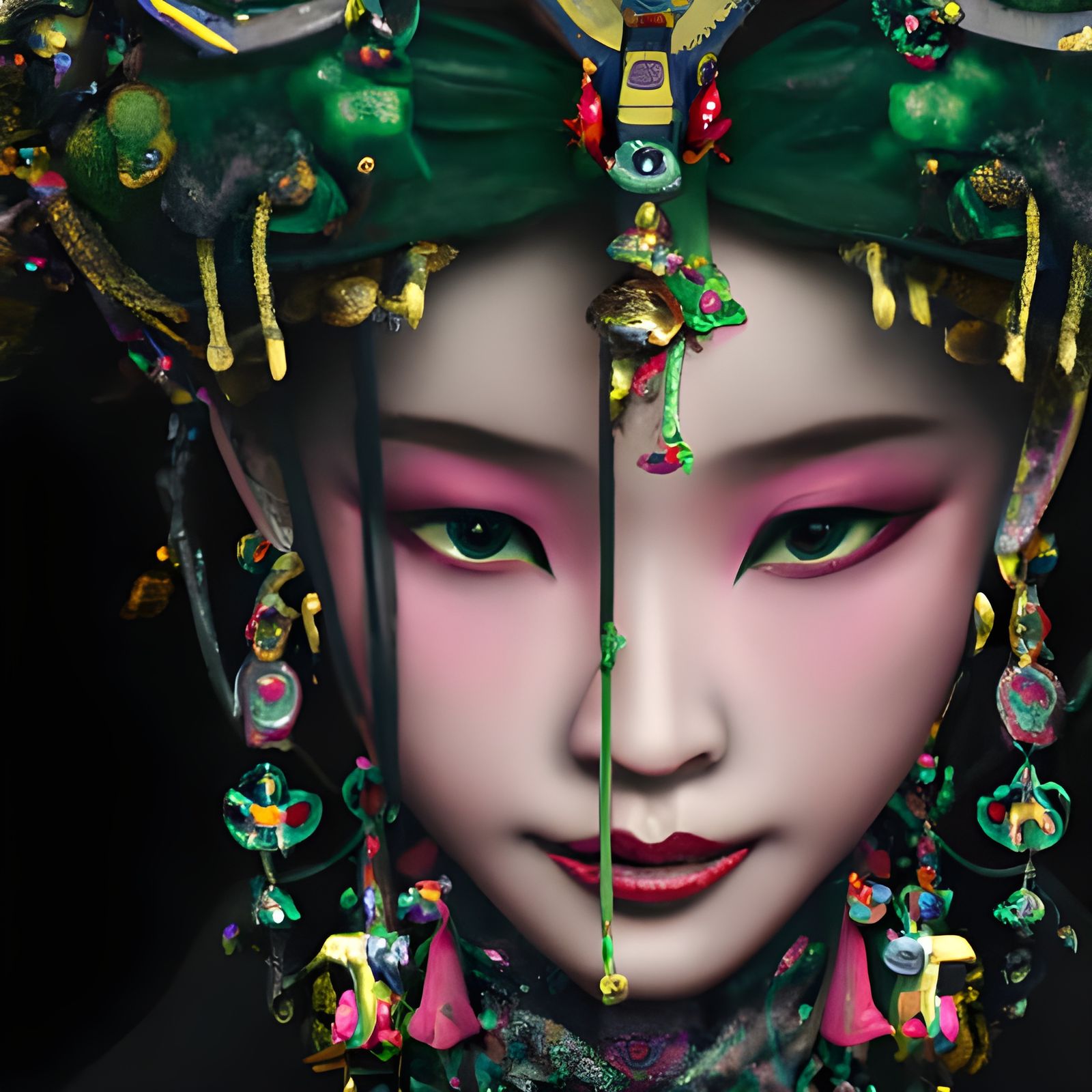 Green-Haired Witch Portrait in Detailed Matte Painting Style