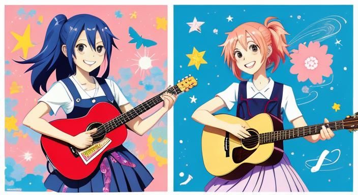 Two Happy Girls with Cartoon Guitar: Anime Sketch