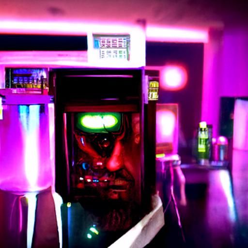 Cyberpunk Cyborg Bartender in Neon Motel