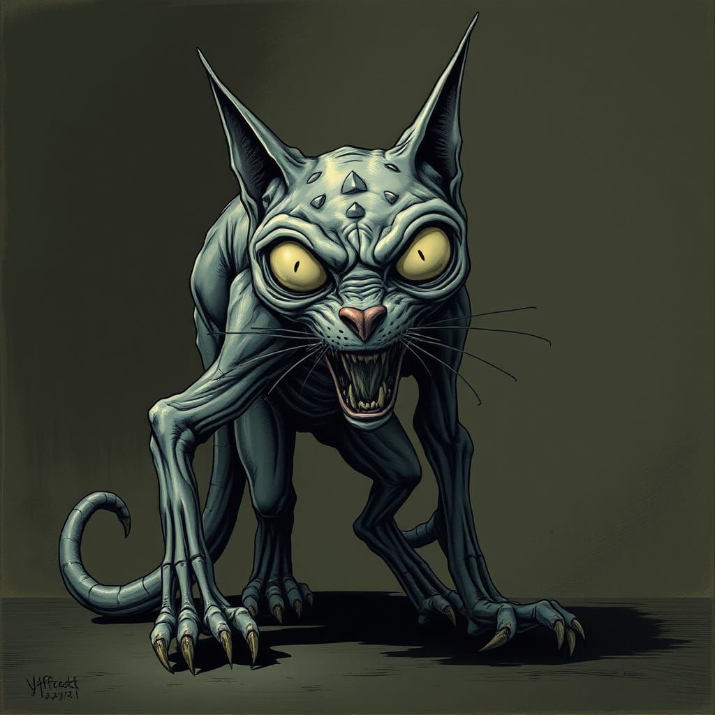 Eerie Feline Abomination in Horror Manga Style