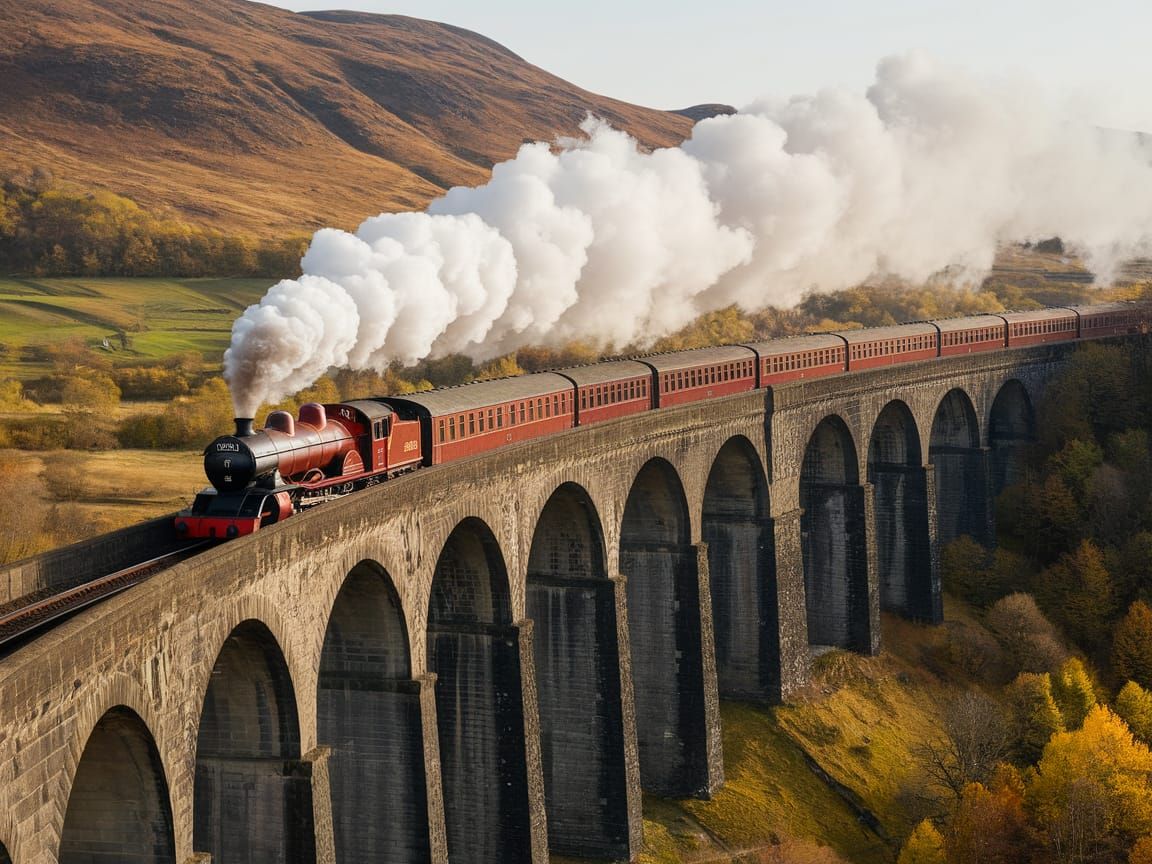 Vintage Steam Locomotive Chugs Across Majestic Scottish Viad...