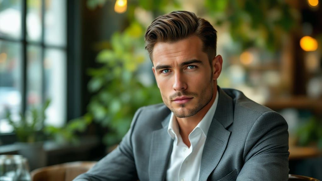 Photorealistic Portrait of Focused Man in Street Cafe