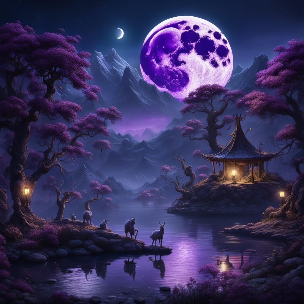 Moonlit Lake Scene with Mythical Creatures