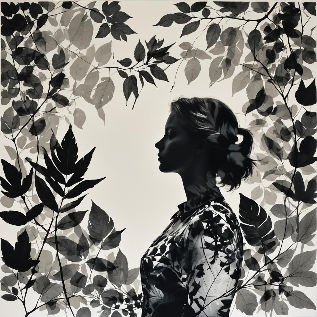 Monochrome Photogram of Girl Silhouette with Bird