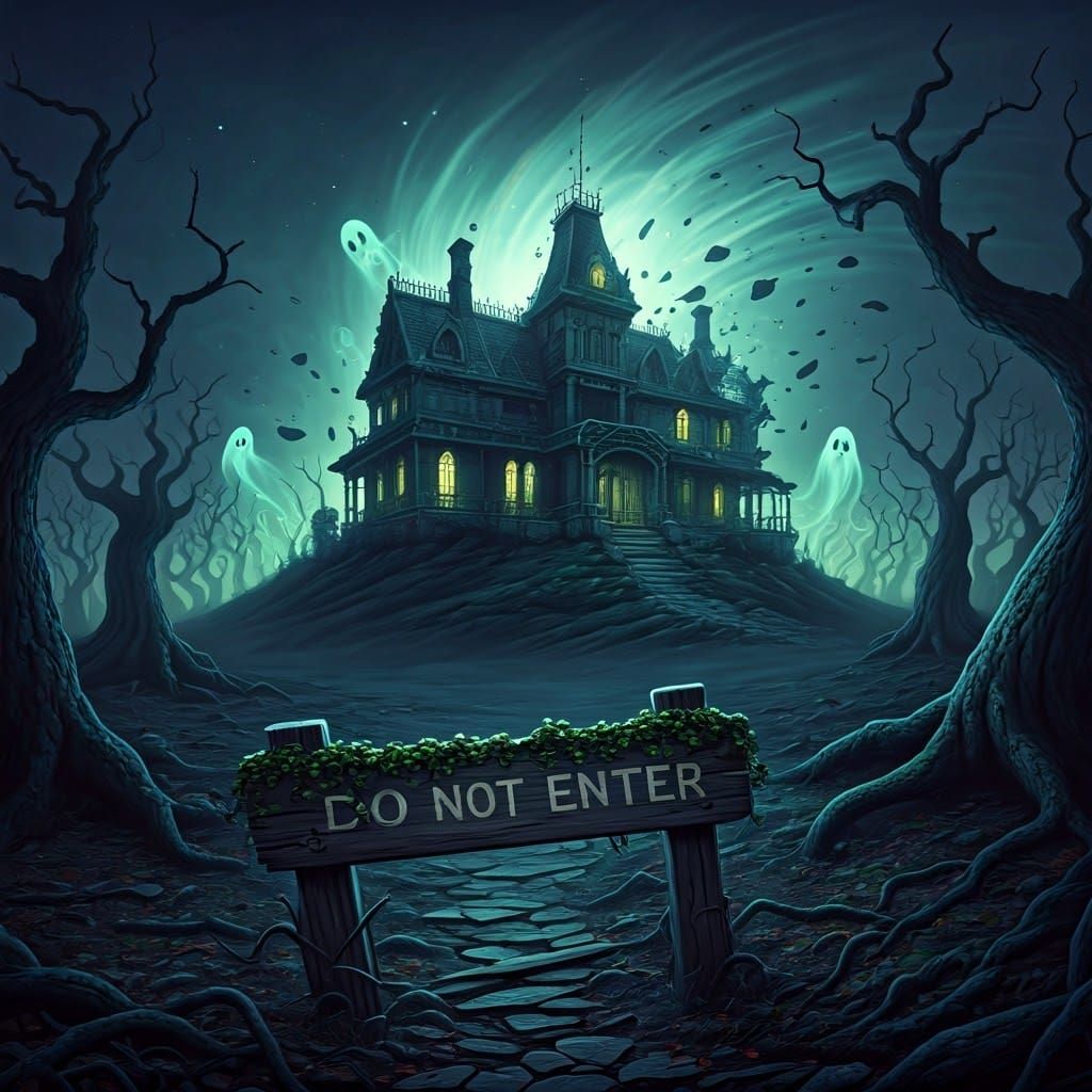 Eerie Haunted Mansion with Warning Sign in 3D