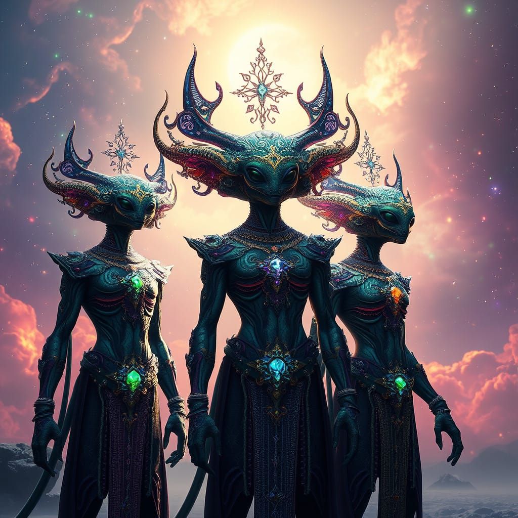 Celestial Aliens in Vibrant, Gradient Skies