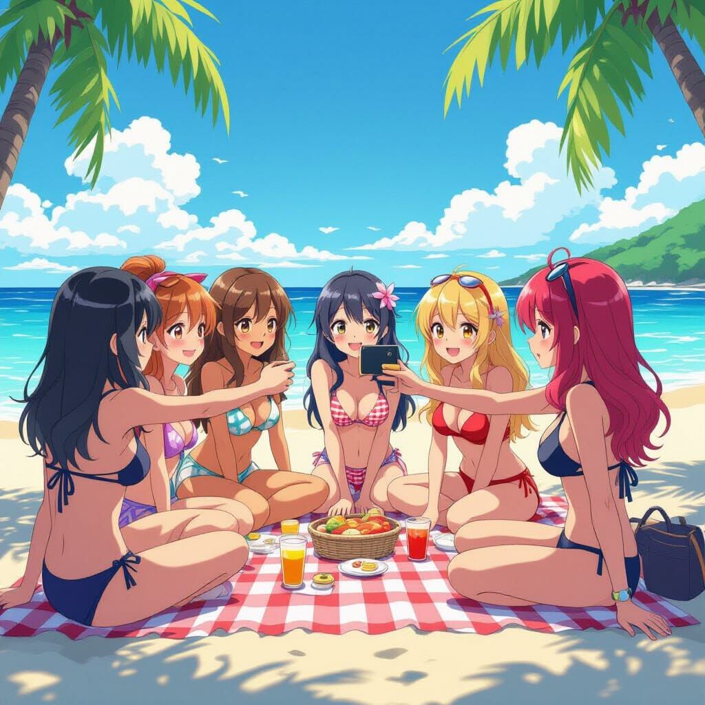 Girls' Beach Picnic Selfie in Anime Style