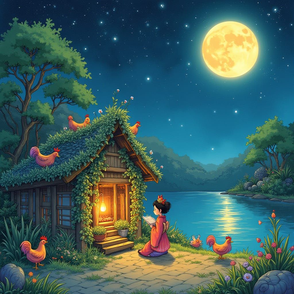 A whimsical scene of a lone Geisha tending to a vibrant, fantastical chicken coop. The chickens are iridescent and have ...