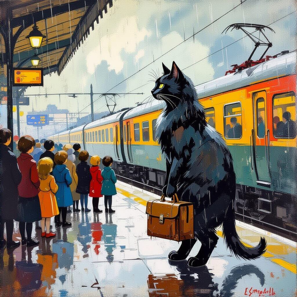 Majestic Hippo-Cat Awaits Train: Egon Schiele-Dore Sketch