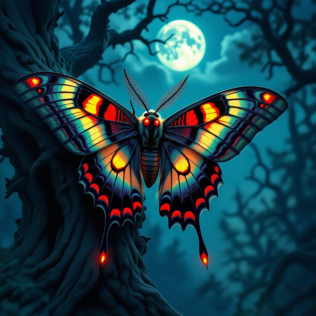 Giant Bloodthirsty Moth in Moonlit Forest