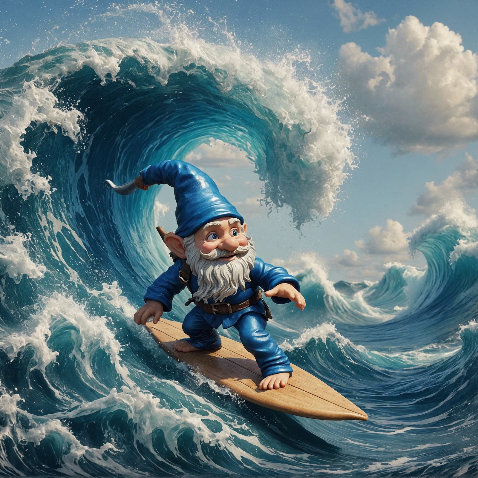 Gnome Surfing a Wave in Classical Oil Painting Style