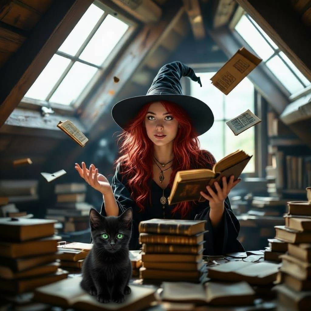 Witch Studying Spellbooks in Cozy Attic - Cinematic
