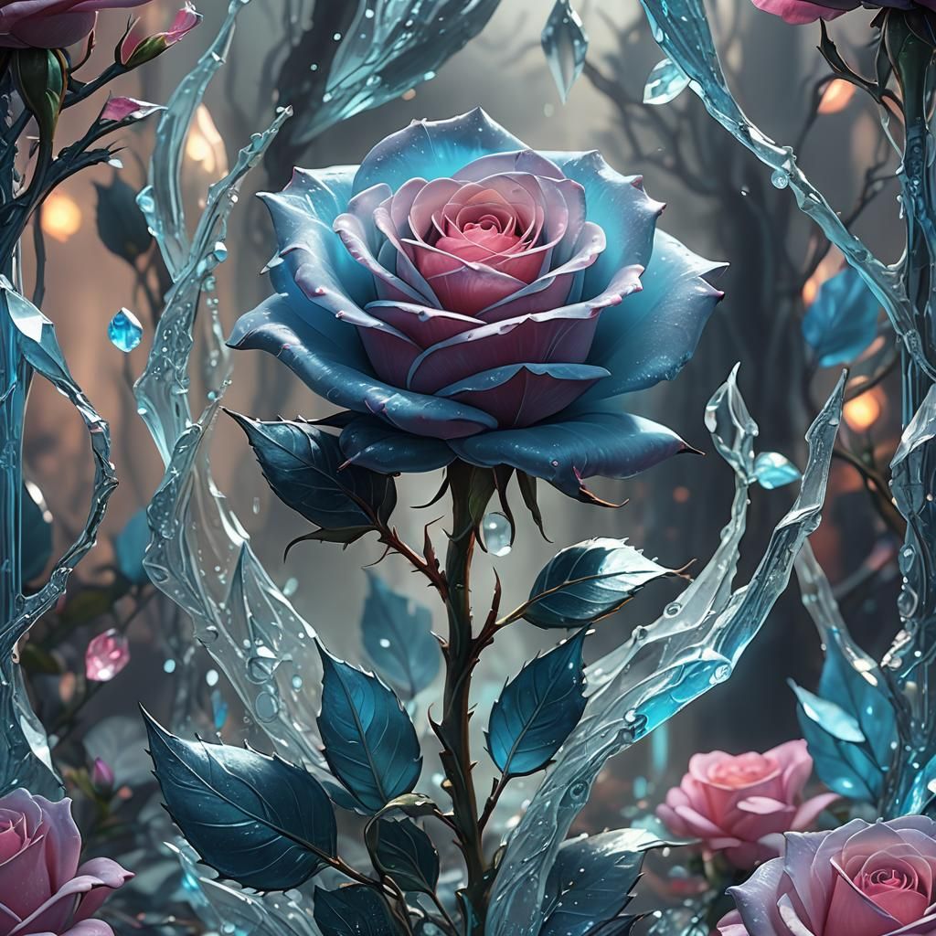 Bioluminescent Crystal Rose in Pastel Blue: Matte Painting