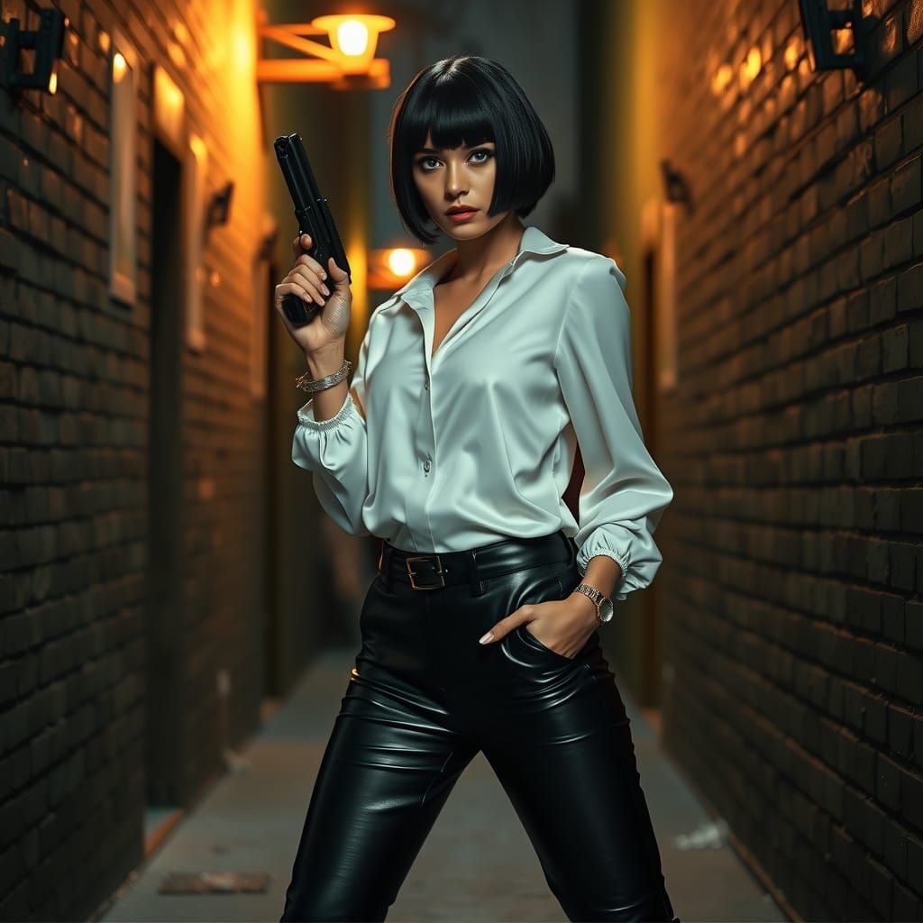Glamorous Woman Draws Gun in Dark Alley
