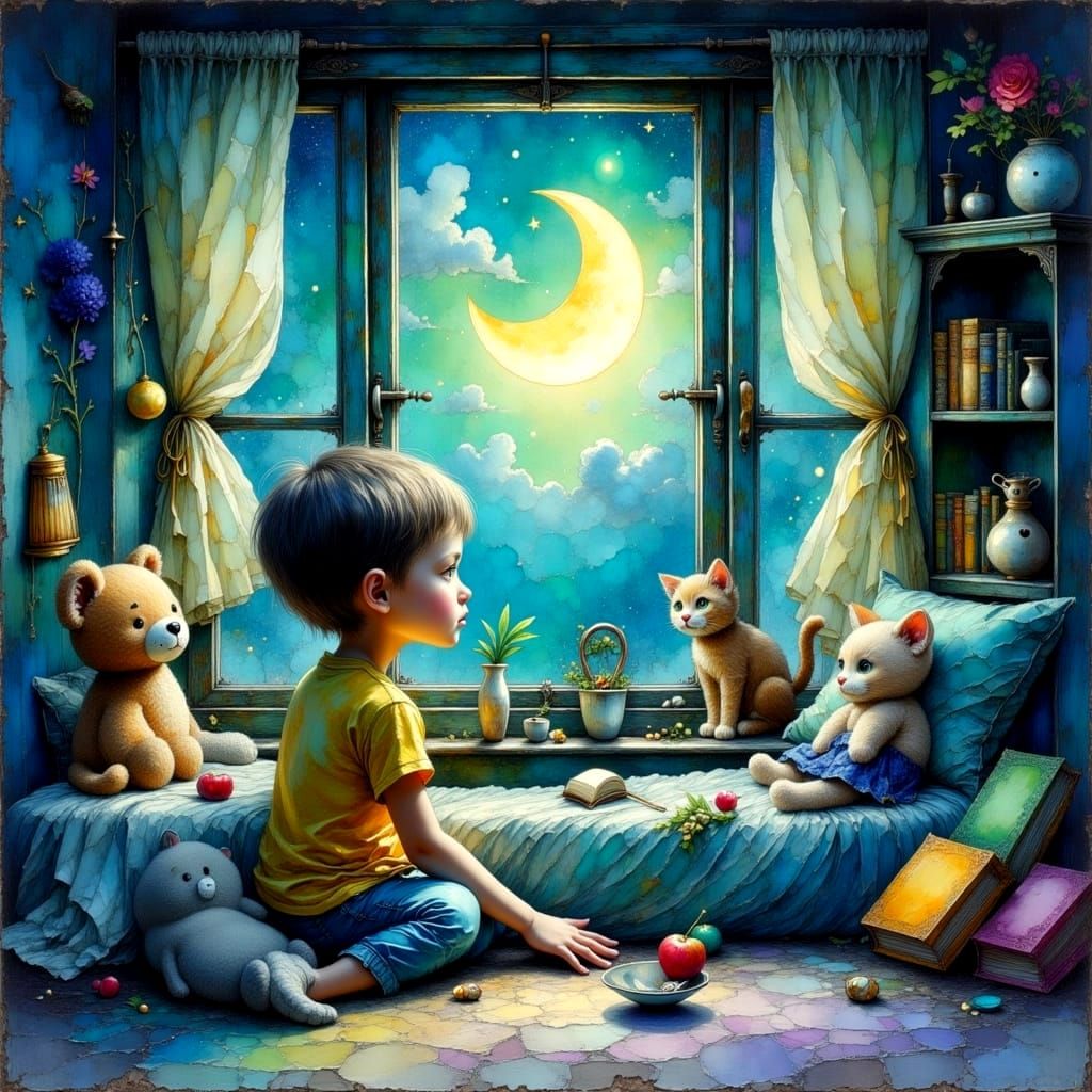 Whimsical Oil Painting of Boy with Cats in a Dreamlike Scene